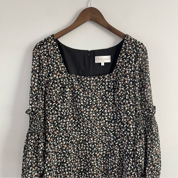 Mikael Aghal | Shirred Floral Print Chiffon Square Neck Mini Dress Long Sleeve 8 - Picture 4 of 12